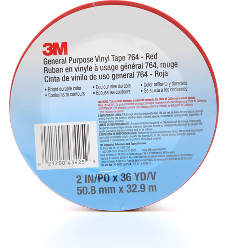 Ruban en vinyle pour travaux g&eacute;n&eacute;raux 764, 50,8 mm (2") la x 32,9 m (108') lo, 5 mils, Rouge Auto-Cam