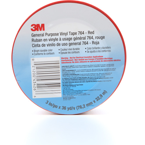 Ruban en vinyle pour travaux g&eacute;n&eacute;raux 764, 76 mm (3") la x 32,9 m (108') lo, 5 mils, Rouge Auto-Cam