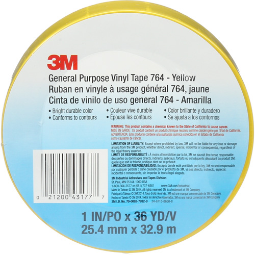 Ruban en vinyle pour travaux g&eacute;n&eacute;raux 764, 25,4 mm (1") la x 32,9 m (108') lo, 5 mils, Jaune Auto-Cam