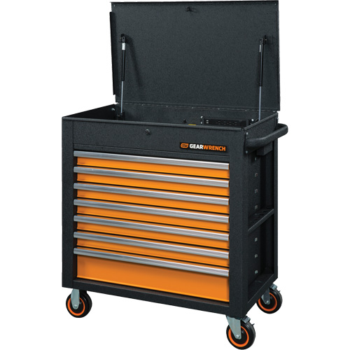 GSX Series Rolling Tool Cart with Tilt Top, 7 Drawers, 35" L x 20" W x 39" H, Black/Orange Auto-Cam