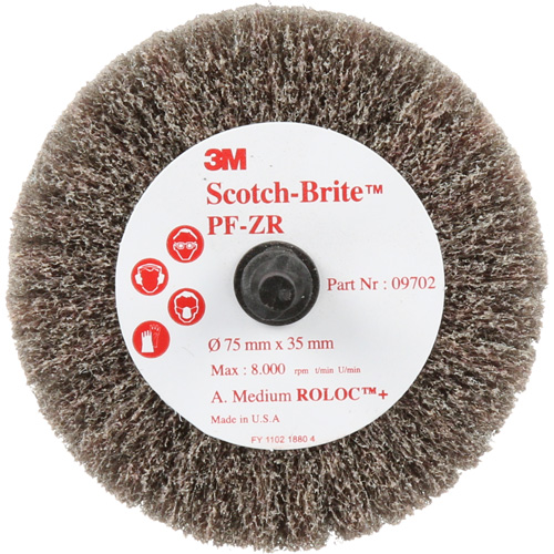 Disque de tronçonnage et de polissage Scotch-Brite Roloc, Oxyde d'aluminium, Grain Moyen, 3" x 1-3/8" x 1/4" Auto-Cam