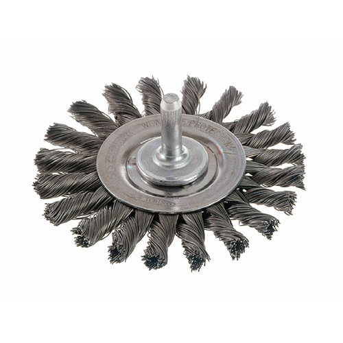 Brosses rotatives &agrave; fils nou&eacute;s - Brosse rotative &agrave; fils nou&eacute;s a/queue 1/4", fils nou&eacute;s standards, Dia. 4", Fils 0,014", Acier inoxydable Auto-Cam