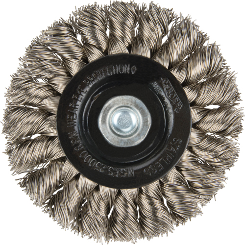 Brosses rotatives &agrave; fils nou&eacute;s - Brosse rotative &agrave; fils nou&eacute;s a/queue 1/4", Fils nou&eacute;s standards, Dia. 3", Fils 0,014", Acier inoxydable Auto-Cam