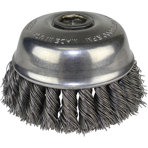 Knot Wire Cup Brushes, 4" Dia. x 5/8"-11 Arbor Auto-Cam