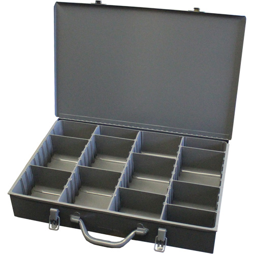 Adjustable Compartment Boxes, Steel, Variable Slots, 18" W x 12" D x 3" H, Grey Auto-Cam
