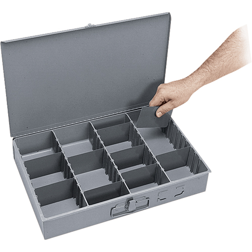 Adjustable Compartment Boxes, Steel, Variable Slots, 18" W x 12" D x 3" H, Grey Auto-Cam