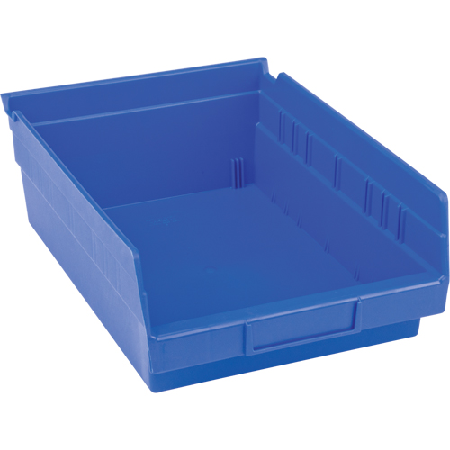 Plastic Shelf Bins, 8-3/8" W x 4" H x 11-5/8" D, Blue, 15 lbs. Capacity Auto-Cam