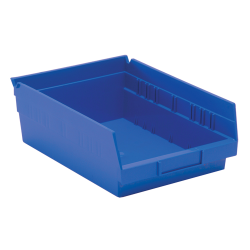 Shelf Bins, 8-3/8" W x 4" H x 11-5/8" D, Blue, 30 lbs. Capacity Auto-Cam