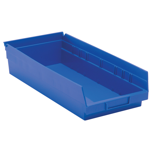 Shelf Bins, 8-3/8" W x 4" H x 17-7/8" D, Blue, 40 lbs. Capacity Auto-Cam