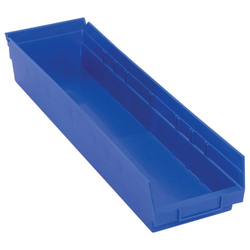 Shelf Bins, 6-5/8" W x 4" H x 23-5/8" D, Blue, 50 lbs. Capacity Auto-Cam