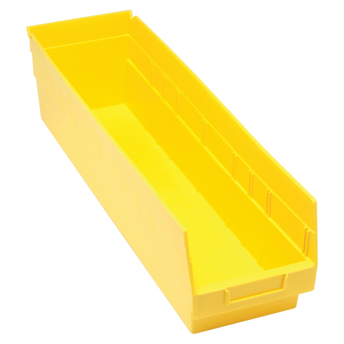 Store More Plastic Shelf Bins, 6-5/8" W x 6" H x 23-5/8" D, Yellow, 90 lbs. Capacity Auto-Cam