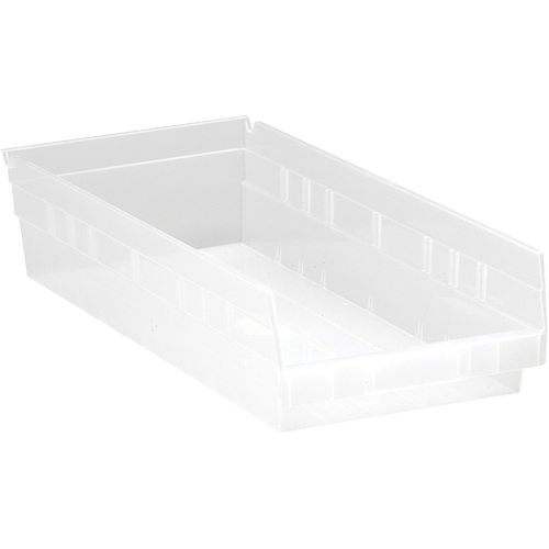 Shelf Bins, 8-3/8" W x 4" H x 17-7/8" D, Clear, 40 lbs. Capacity Auto-Cam