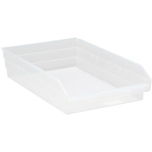 Shelf Bins, 11-1/8" W x 4" H x 17-7/8" D, Clear, 40 lbs. Capacity Auto-Cam