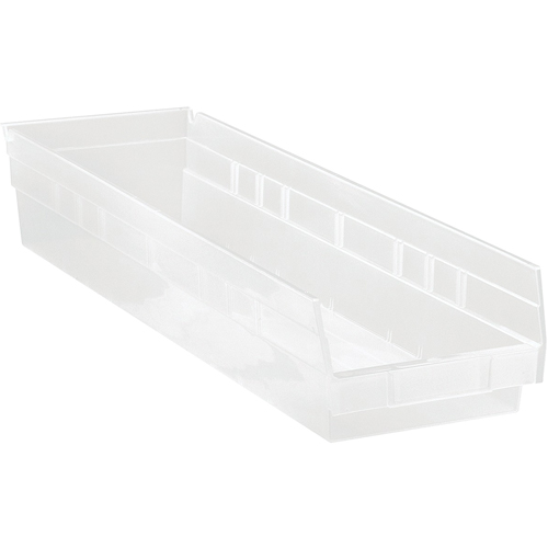 Shelf Bins, 6-5/8" W x 4" H x 23-5/8" D, Clear, 50 lbs. Capacity Auto-Cam