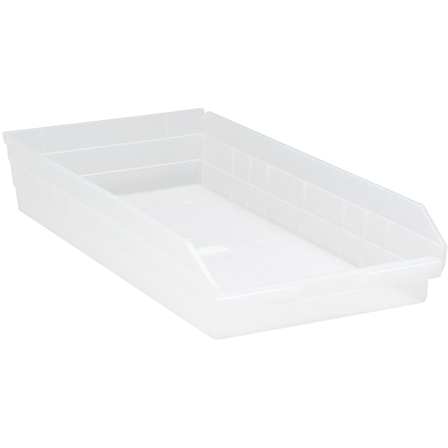 Shelf Bins, 11-1/8" W x 4" H x 23-5/8" D, Clear, 50 lbs. Capacity Auto-Cam