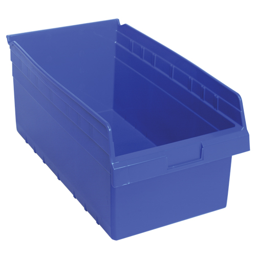 Store-Max Shelf Bins, 11-1/8" W x 8" H x 17-7/8" D, Blue, 56 lbs. Capacity Auto-Cam
