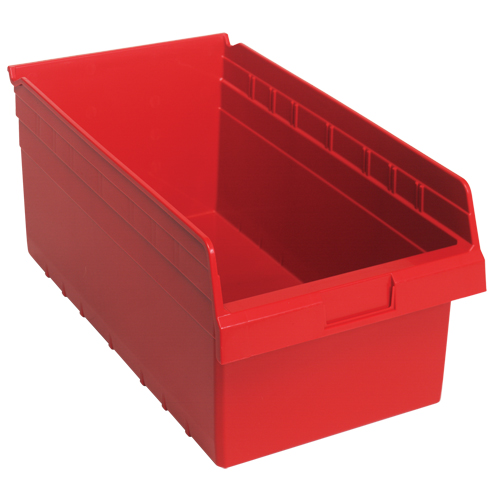 Store-Max Shelf Bins, 11-1/8" W x 8" H x 17-7/8" D, Red, 56 lbs. Capacity Auto-Cam