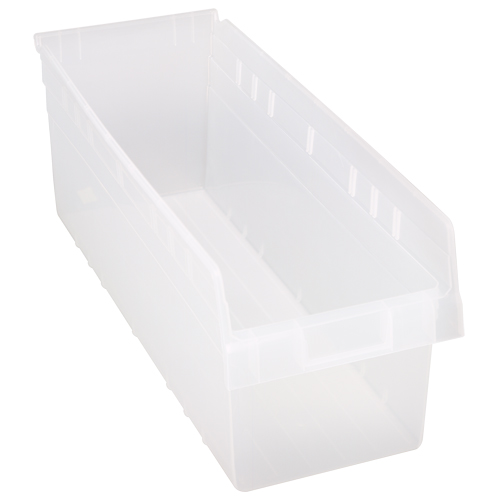 Store-Max Shelf Bins, 8-3/8" W x 8" H x 23-5/8" D, Clear, 68 lbs. Capacity Auto-Cam