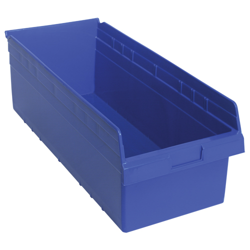 Store-Max Shelf Bins, 11-1/8" W x 8" H x 23-5/8" D, Blue, 68 lbs. Capacity Auto-Cam