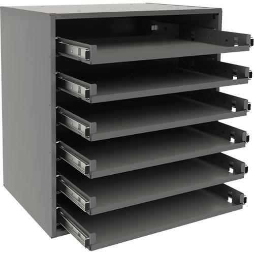 Small Bearing Slide Rack, Steel, 6 Slots, 15-9/16" W x 11-7/8" D x 16-3/8" H, Grey Auto-Cam