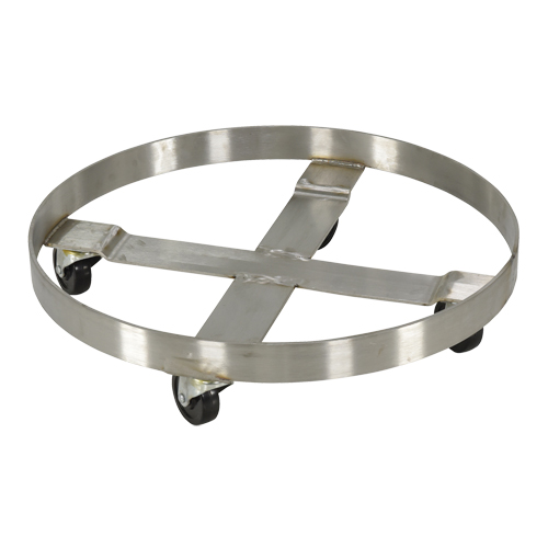 Chariots pour barils, Acier inoxydable, Capacit&eacute;e 800 lb, Diam&egrave;tre 23-1/4", Roue en Caoutchouc Auto-Cam