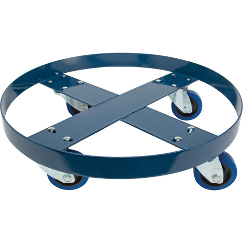 Drum Dolly, Steel, 1400 lbs. Capacity, 24" Diameter, Blue Elastic Casters Auto-Cam
