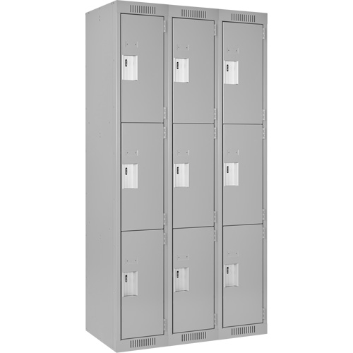 Clean Line Lockers, 3 -tier, Bank of 3, 36" x 18" x 72", Steel, Grey, Rivet (Assembled) Auto-Cam