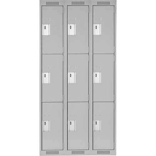Clean Line Lockers, 3 -tier, Bank of 3, 36" x 18" x 72", Steel, Grey, Rivet (Assembled) Auto-Cam