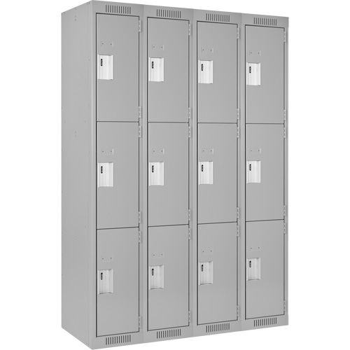Clean Line Lockers, 3 -tier, Bank of 4, 48" x 18" x 72", Steel, Grey, Rivet (Assembled) Auto-Cam