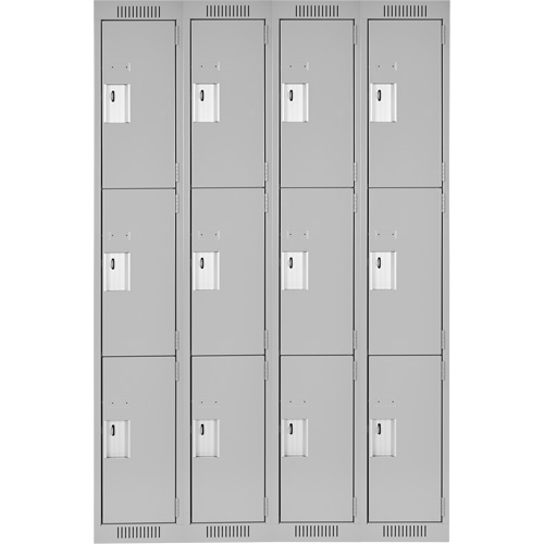Clean Line Lockers, 3 -tier, Bank of 4, 48" x 18" x 72", Steel, Grey, Rivet (Assembled) Auto-Cam