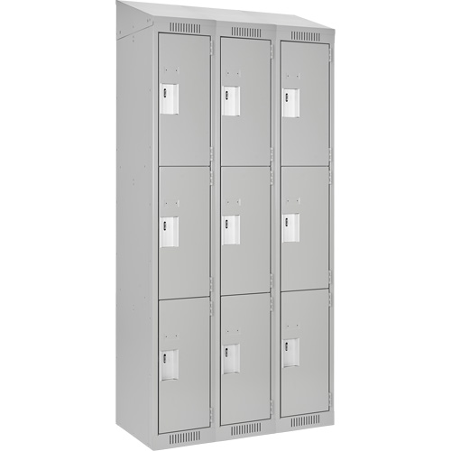 Clean Line Lockers, 3 -tier, Bank of 3, 36" x 18" x 78", Steel, Grey, Rivet (Assembled) Auto-Cam