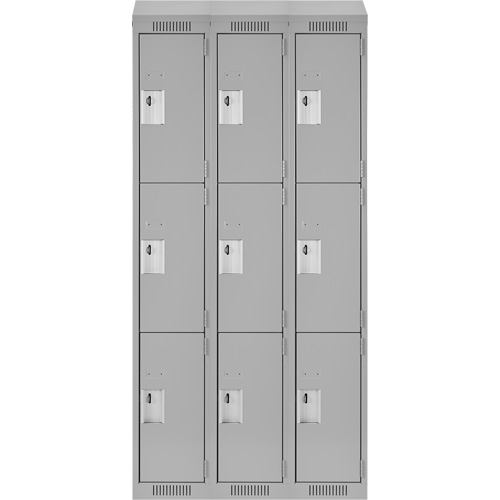 Clean Line Lockers, 3 -tier, Bank of 3, 36" x 18" x 78", Steel, Grey, Rivet (Assembled) Auto-Cam