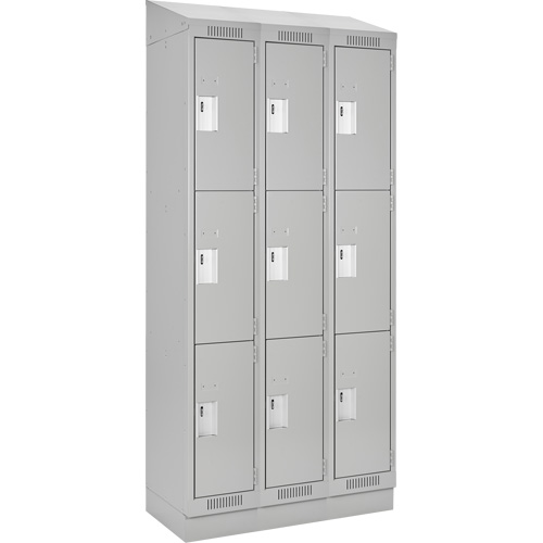 Clean Line Lockers, 3 -tier, Bank of 3, 36" x 18" x 82", Steel, Grey, Rivet (Assembled) Auto-Cam