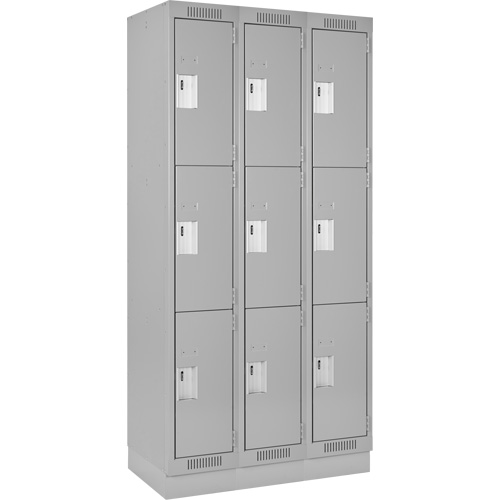 Clean Line Lockers, 3 -tier, Bank of 3, 36" x 18" x 76", Steel, Grey, Rivet (Assembled) Auto-Cam
