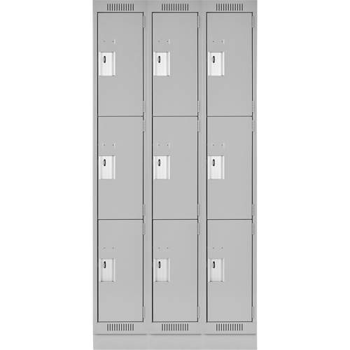 Clean Line Lockers, 3 -tier, Bank of 3, 36" x 18" x 76", Steel, Grey, Rivet (Assembled) Auto-Cam