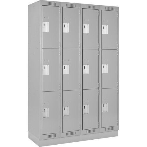 Clean Line Lockers, 3 -tier, Bank of 4, 48" x 18" x 76", Steel, Grey, Rivet (Assembled) Auto-Cam