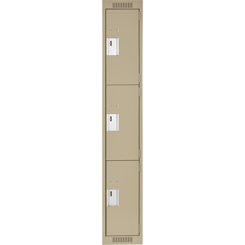 Clean Line Lockers, 3 -tier, 12" x 18" x 72", Steel, Beige, Rivet (Assembled) Auto-Cam