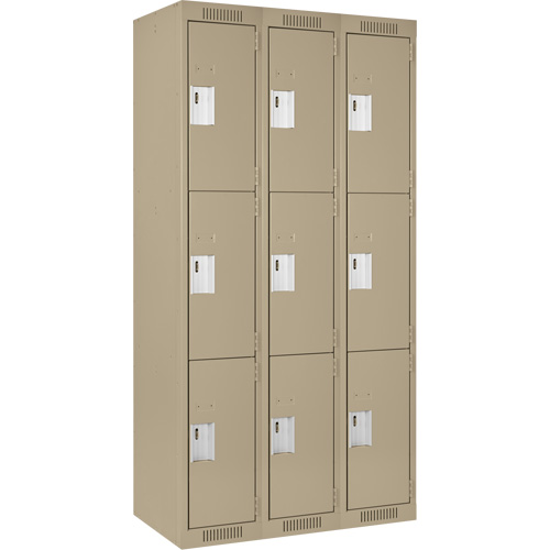 Clean Line Lockers, 3 -tier, Bank of 3, 36" x 18" x 72", Steel, Beige, Rivet (Assembled) Auto-Cam