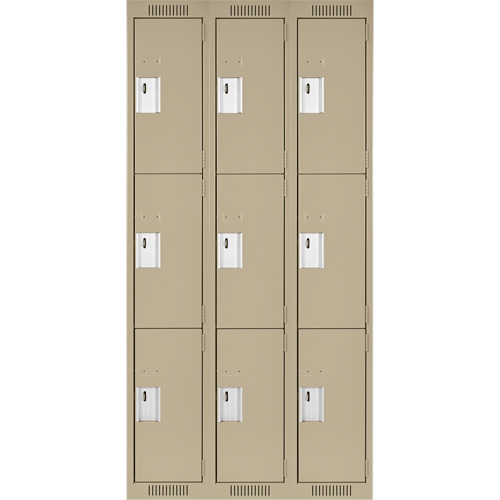 Clean Line Lockers, 3 -tier, Bank of 3, 36" x 18" x 72", Steel, Beige, Rivet (Assembled) Auto-Cam