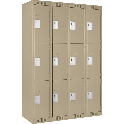 Clean Line Lockers, 3 -tier, Bank of 4, 48" x 18" x 72", Steel, Beige, Rivet (Assembled) Auto-Cam