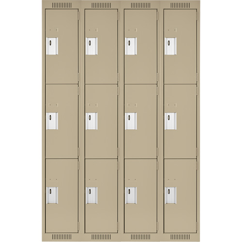 Clean Line Lockers, 3 -tier, Bank of 4, 48" x 18" x 72", Steel, Beige, Rivet (Assembled) Auto-Cam