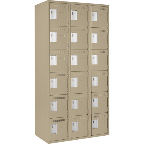 Clean Line Lockerette, 6 -tier, Bank of 3, 36" x 18" x 72", Steel, Beige, Rivet (Assembled) Auto-Cam