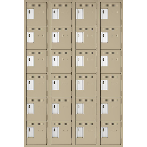 Clean Line Lockerette, 6 -tier, Bank of 4, 48" x 18" x 72", Steel, Beige, Rivet (Assembled) Auto-Cam