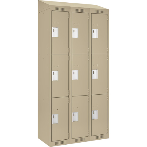 Clean Line Lockers, 3 -tier, Bank of 3, 36" x 18" x 78", Steel, Beige, Rivet (Assembled) Auto-Cam