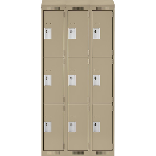 Clean Line Lockers, 3 -tier, Bank of 3, 36" x 18" x 78", Steel, Beige, Rivet (Assembled) Auto-Cam
