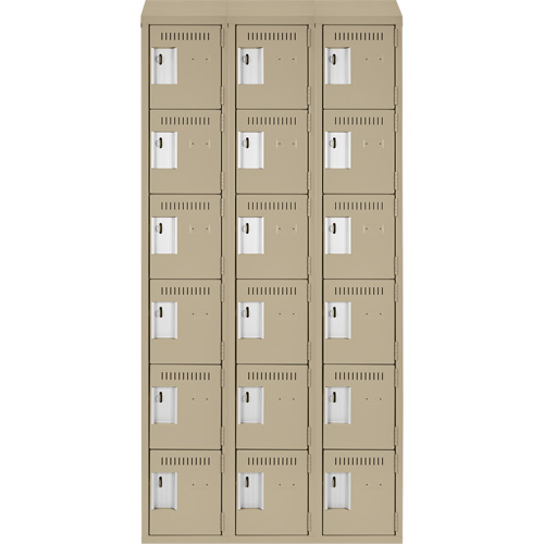Clean Line Lockerette, 6 -tier, Bank of 3, 36" x 18" x 78", Steel, Beige, Rivet (Assembled) Auto-Cam