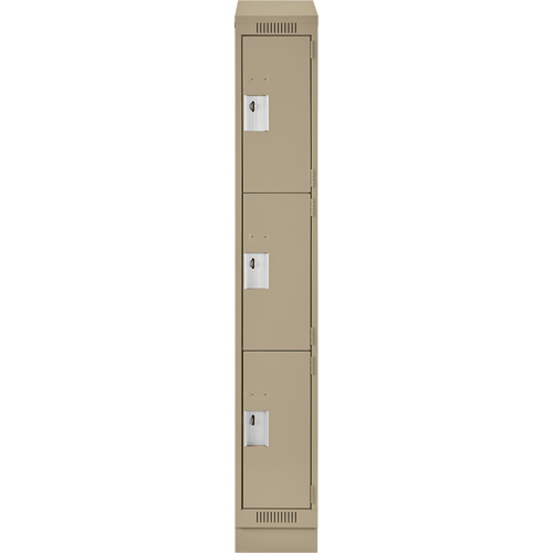 Clean Line Lockers, 3 -tier, 12" x 18" x 82", Steel, Beige, Rivet (Assembled) Auto-Cam