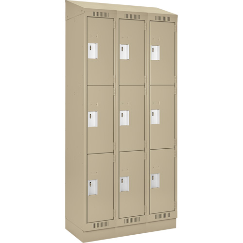 Clean Line Lockers, 3 -tier, Bank of 3, 36" x 18" x 82", Steel, Beige, Rivet (Assembled) Auto-Cam