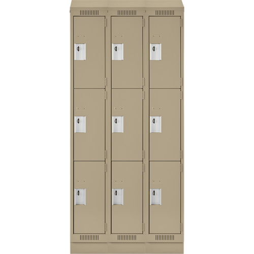 Clean Line Lockers, 3 -tier, Bank of 3, 36" x 18" x 82", Steel, Beige, Rivet (Assembled) Auto-Cam