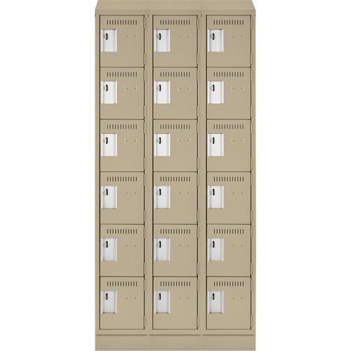 Clean Line Lockerette , 6 -tier, Bank of 3, 36" x 18" x 82", Steel, Beige, Rivet (Assembled) Auto-Cam